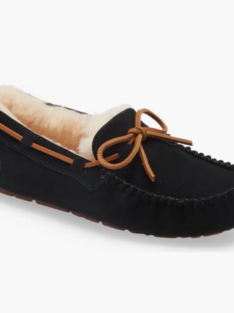 Ugg Dakota Black Suede Moccasin Slipper With Tan Leather Bow 7